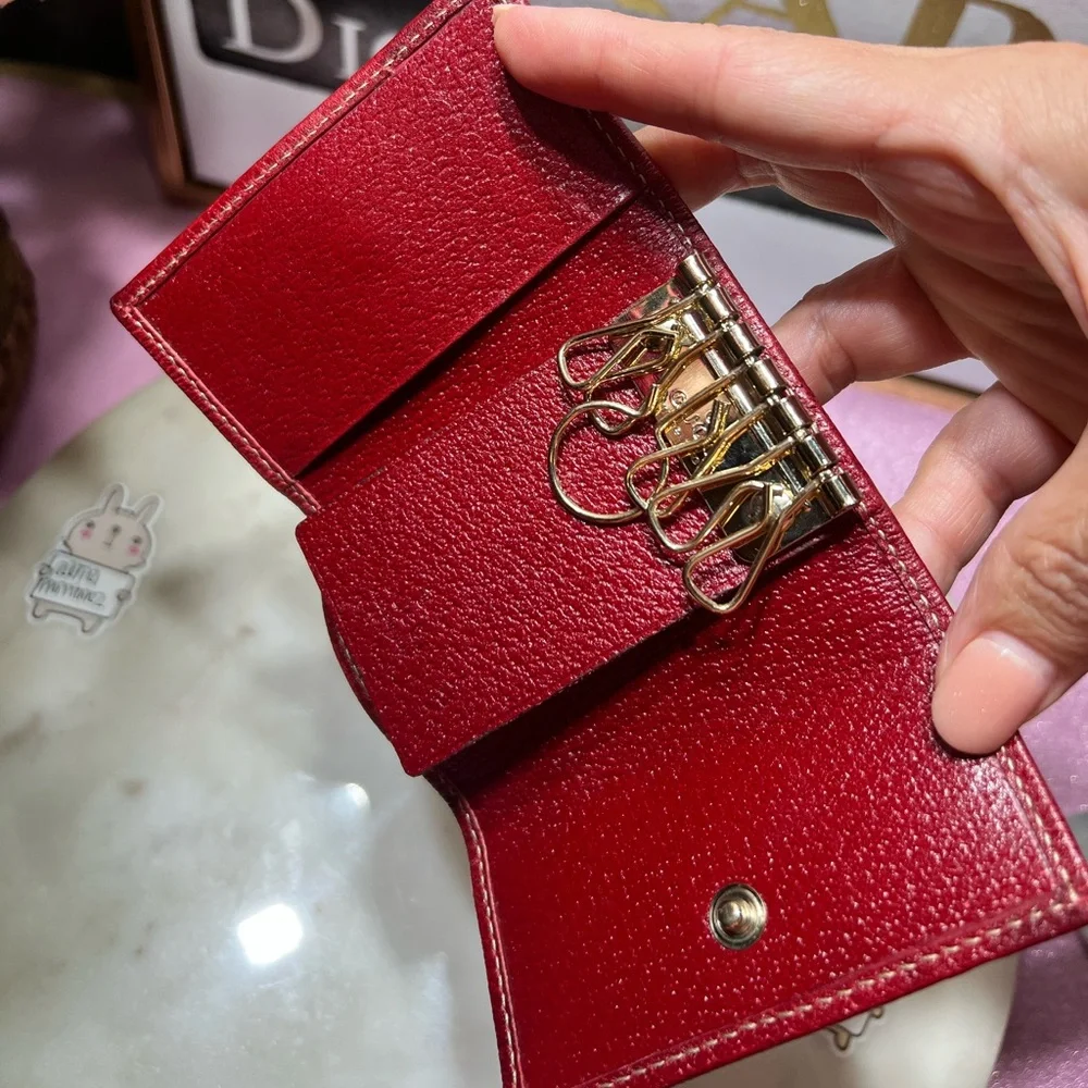Gucci Key Case GG Canvas Beige Ribbon Red Leather Auth Elegant Beige and Red EUC - Picture 7 of 7